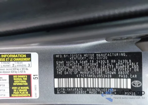 2020 Toyota Camry Le z USA, uszkodzony, nr VIN 4T1C11AK0LU953428